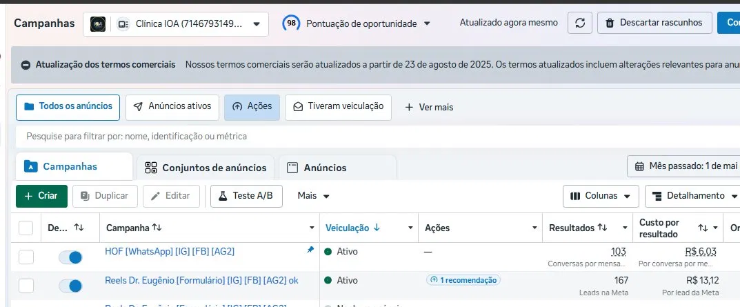 Print dos resultados Meta Ads de Maio
